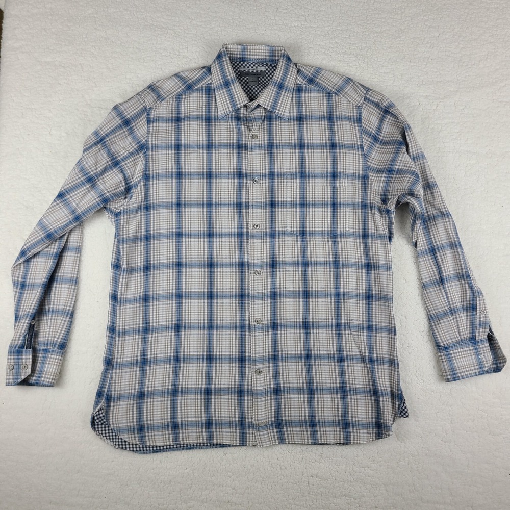 Johnston Murphy Flannel Shirt Mens Large Blue Brown Plaid Tailored Fit Button Up